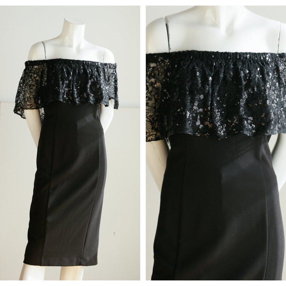 Calvin Klein Black Off-Shoulder Midi Dress with Sequin Lace Ruffle